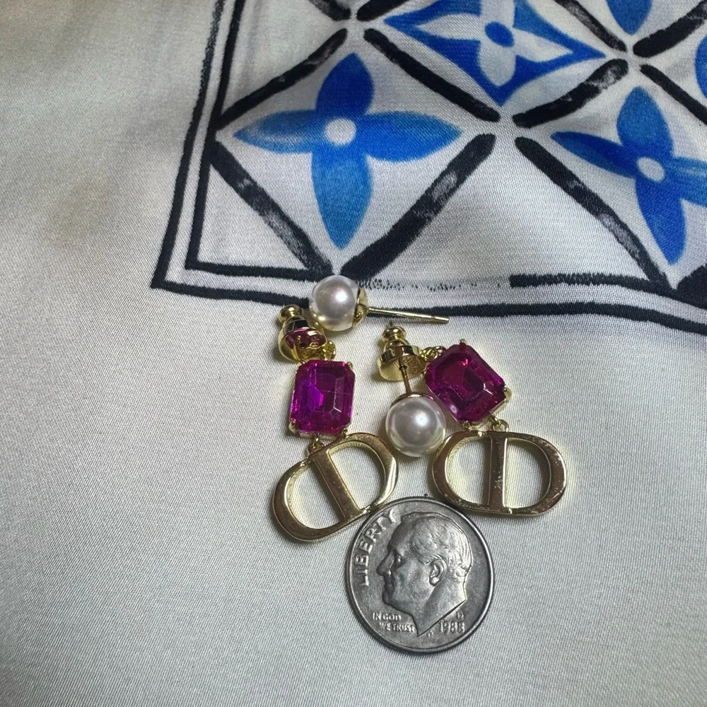Dior Gold-Tone Earrings with Fuchsia Crystal & Pearl Accent - Picture 4 of 7